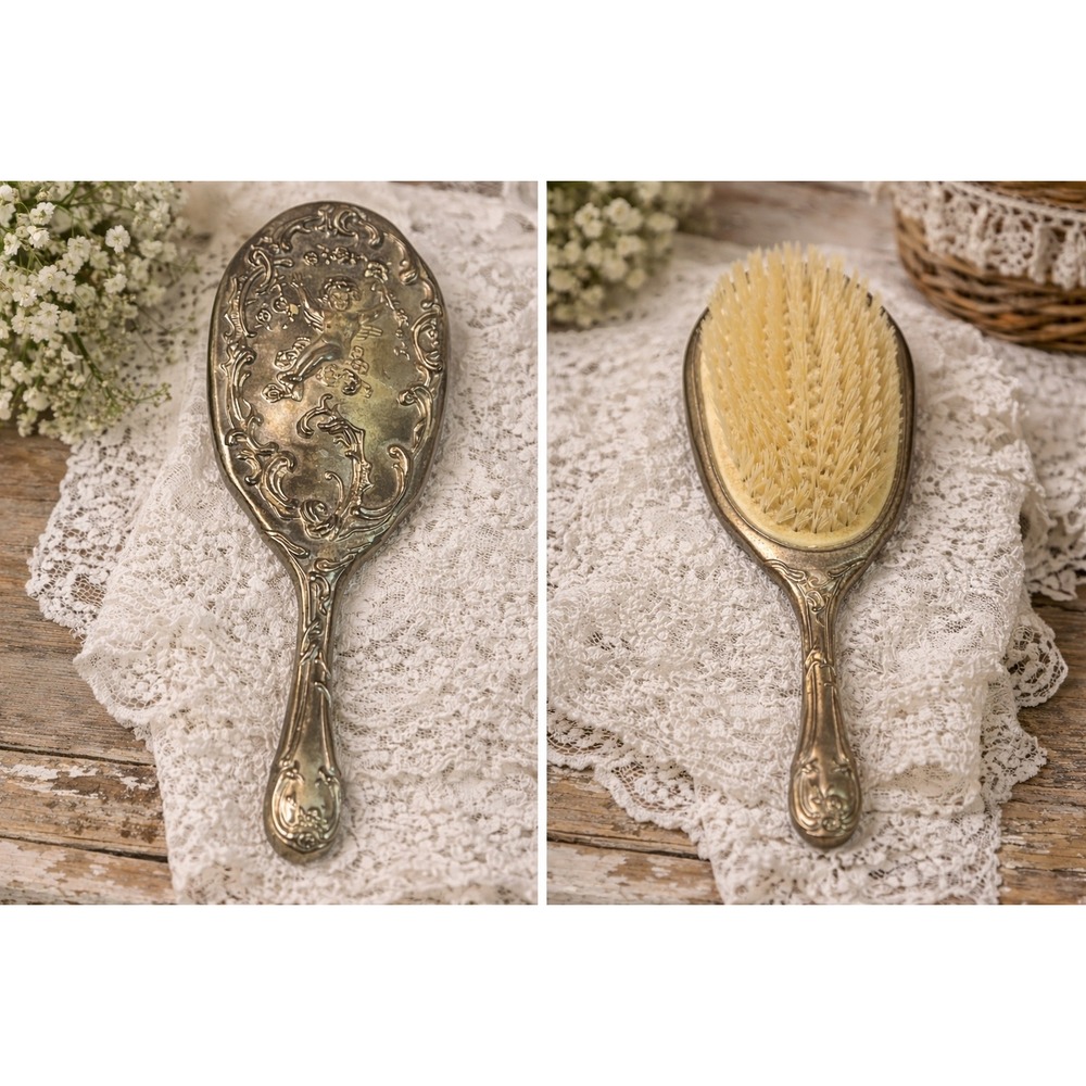 Vintage Silver Tone Ornate Cherub Cupid Victorian Style Hair Brush Vanity Decor